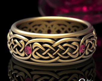 Mens Gold Wedding Ring, Ruby & Gold Wedding Band, Gold Celtic Wedding Band, Gold or Platinum Mens Ring, Mens Celtic Wedding Band, 1584