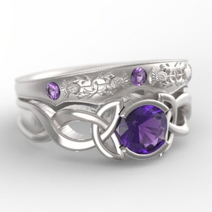 Sterling Silver Amethyst Wedding Rings, Celtic Engagement Set, Amethyst Engagement Ring, Matching Wedding Ring Set, 405 + 1775