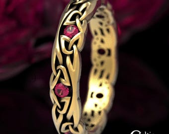 Thin Gold Wedding Ring, Ruby Wedding Band, Celtic Wedding Band, Platinum Celtic Ring, Ruby Celtic Ring, Narrow Gold Wedding Band, 1467