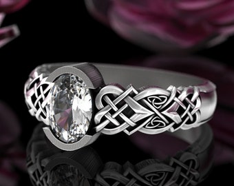 Moissanite Sterling Solitaire Ring, Oval Celtic Engagement Ring, Silver Irish Knotwork Wedding Ring, Womens Scottish Heart Bridal Ring, 3017