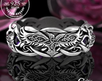 Raven & Wolves Wedding Ring, Amethyst Raven Wedding Band, Sterling Viking Ring, Viking Raven Ring, Celtic Raven Wedding Ring, 4696