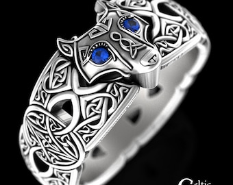 Celtic Wolf Ring, Sapphire Eye Wolf Ring, Sterling Wolf Ring, Wolf Wedding Ring, Silver Viking Ring, Viking Wolf Ring, Men's Wolf Ring, 1744