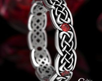 Thin Womans Wedding Band, Ruby Knotwork Ring, Celtic Wedding Band, Sterling Silver Ruby Wedding Band, Celtic Ruby Wedding Ring, 1582