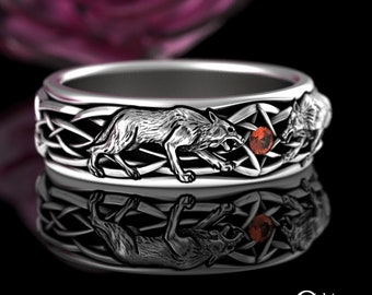 Celtic Mens Garnet Wolf Ring, Sterling & Garnet Irish Wolves Wedding Band, Groom's Scottish Wolf Ring, Knotwork Ireland Wolf Ring, 4747