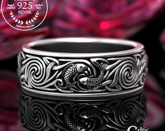 Sterling Men's Koi Fish Ring, Silver Pisces Wedding Band, Man Astrology Ring, Water Sign Jewelry, 2102