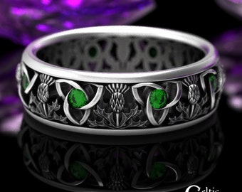 Classic Emerald Celtic Ring, Sapphire Scottish Ring, Ruby Thistle Ring, Scottish Groom Wedding Band, Amethyst Thistle Wedding Band, 1812