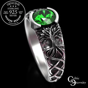 Emerald Tree of Life Engagement, Sterling Sapphire Celtic Tree Ring, Ruby Forest Solitaire, Bezel Wedding Ring, Low-Profile Engagement, 2034