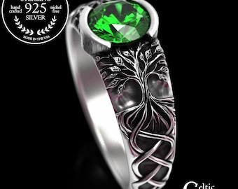 Emerald Tree of Life Engagement, Sterling Sapphire Celtic Tree Ring, Ruby Forest Solitaire, Bezel Wedding Ring, Low-Profile Engagement, 2034