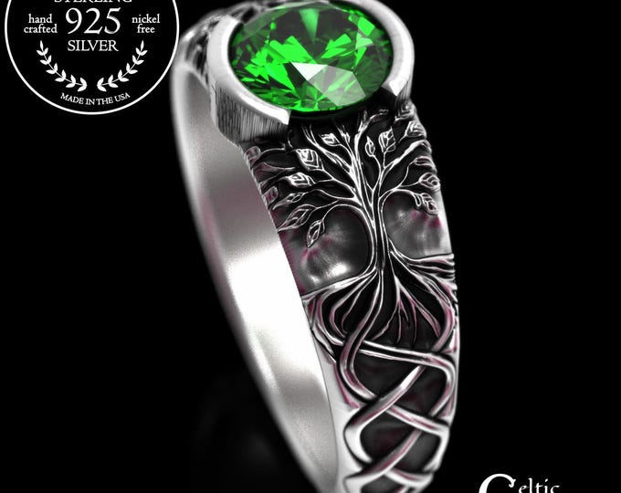 Featured listing image: Emerald Tree of Life Engagement, Sterling Sapphire Celtic Tree Ring, Ruby Forest Solitaire, Bezel Wedding Ring, Low-Profile Engagement, 2034