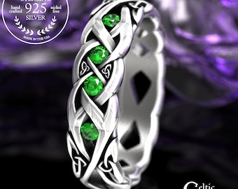 Emerald Bridal Celtic Wedding Band, Sterling Woman's Irish Marriage Ring, Silver Trinity Infinity Knotwork Jewelry, 2138
