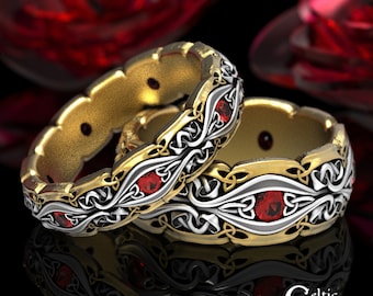 Celtic Mushroom Ring Set with Rubies, 2-Tone Wedding Band in Silver & Gold, 2Tone His Hers Wedding Ring Set, Gold Nature Ring Set, 1737 1750