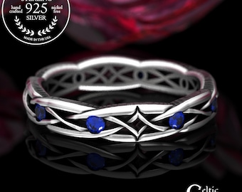 Sapphire Celtic Bride's Wedding Ring, Sterling Delicate Irish Wedding Band, Silver Narrow Anniversary Ring, 2087