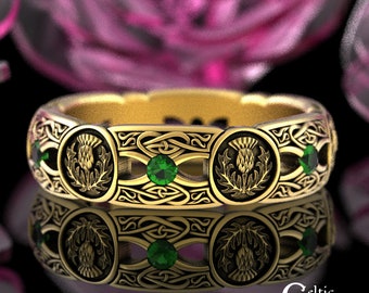 Celtic Emerald Gold Wedding Ring, 10K Emerald Thistle Ring, 14K Emerald Irish Thistle Wedding Band, 10K Scottish Heart Ring for Her, 4408
