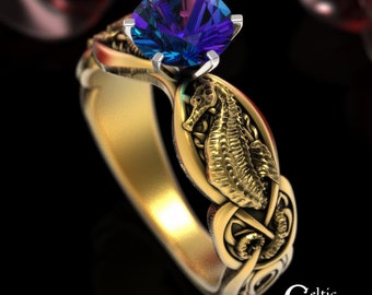 14K Seahorse Ring, 10K Alexandrite Celtic Engagement Ring, Gold Sea Horse Ring, Celtic Sea Horse Ring, 14K Ring, Sea Horse Wedding, 1869