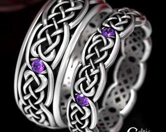 Matching Amethyst Rings, His Hers Wedding Ring Set, Sterling Silver Matching Ring Set, Wedding Band Matching, Celtic Ring Set, 1584 1582