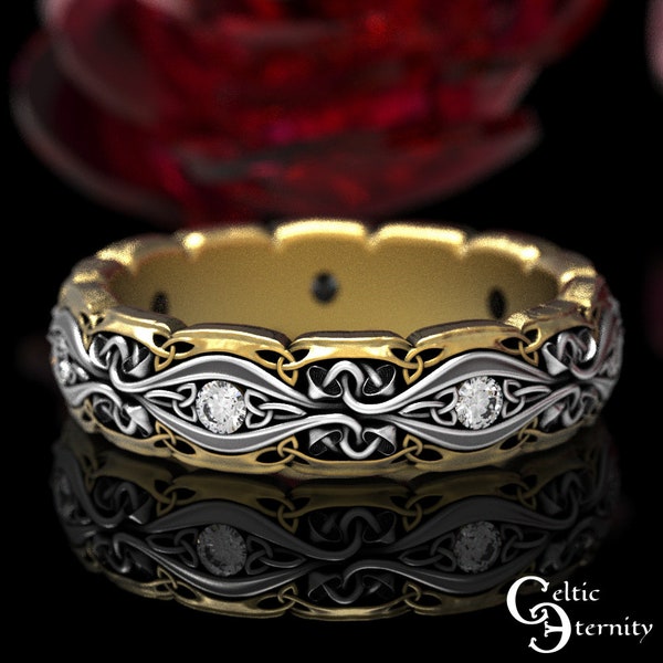 Anillo de setas celtas con moissanita en plata y oro de 2 tonos, anillo inspirado en la naturaleza, anillo de bodas de setas, anillo de la naturaleza para ella, 1737