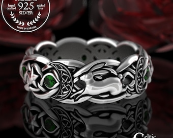 Lunar Rabbit Magic Statement Ring in Sterling, Emerald Celtic Hare & Moons Ring, Pagan Fertility Wedding Ring, Spring Bunny Ritual, 3285