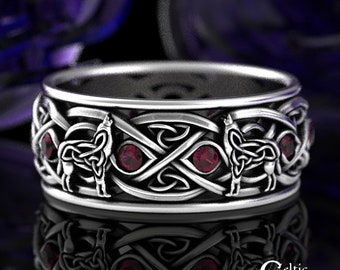 Ruby Wolf Wedding Ring, Sterling Mens Wedding Band, Celtic Wolf Mens Ring, Ruby Infinity Knotwork Ring, Silver Ruby Mens Wedding Band, 1269