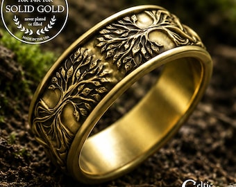 Gold Men's Tree Lovers Ring, 10K White Gold Grooms Forest Wedding Band, 14K Botanical Tree of Life Ring, Woven Tree Knotwork Design, 2036