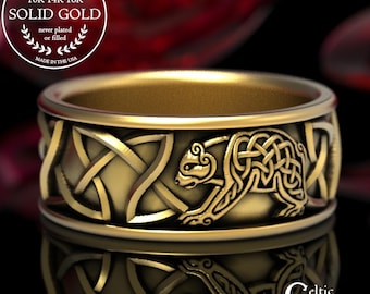 Bear Wedding Band, Celtic Bear Ring, Mens Wedding Band, Gold Bear Ring, Celtic Gold Mens Ring, Mans Bear Ring, Solid Mens Ring, 1127