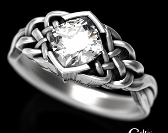 Celtic Engagement Ring, Cushion Cut Engagement Ring, Moissanite Engagement Ring, Sterling Celtic Engagement, Unique Engagement Ring, 1311