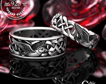 His Hers Ocean Bird Wedding Ring Set, Sterling Matching Seabird Puffin Rings, Bride Groom Celtic Spirit Animal Marriage Bands, 2122 2123