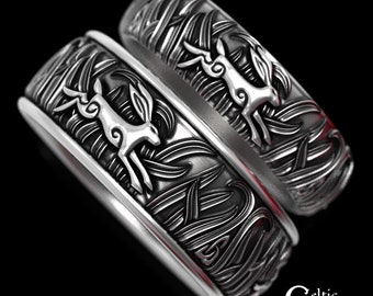 Sterling Rabbit Ring Set, Matching Sterling Wedding Rings, Silver Buny Rings, Celtic Hare Wedding Bands, Rabbit Wedding Bands, 1906 1905