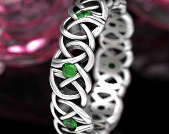 Celtic Dara Knot Wedding Band Emeralds, Silver Infinity Celtic Ring, Unique Celtic Knot Ring, Irish Eternity Ring, Green Bridal Ring, 116