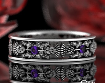 Sterling Amethyst Thistle Ring, Amethyst Scottish Ring, Amethyst Celtic Wedding Band, Handmade Wedding Ring, Scottish Wedding Ring, 1769