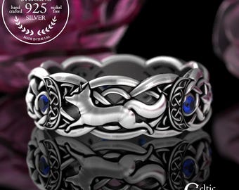 Sterling & Sapphire Fox Stars Wedding Ring, Moon Phase Witch Ring, Celestial Magic Ring, Arcana Jewelry, Silver Wiccan Woman Ring, 3279