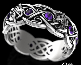 Amethyst Horse Ring, Sterling Silver Horse Ring, Horse Wedding Ring, Horse Wedding Band, Horse Jewelry, Amethyst Celtic Ring, 1681