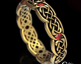 Ruby Knotwork Ring, Womens Celtic Wedding Band, Gold & Ruby Wedding Ring, Womans Wedding Ring, Celtic Ruby Wedding Ring, 1582