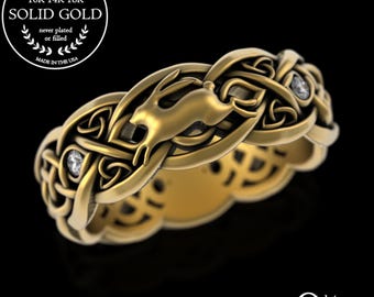 Gold Rabbit Wedding Ring, Moissanite Rabbit Ring, 10K Celtic Rabbit Ring, Rabbit Wedding Band, Gold Rabbit Wedding Ring, 10K Bunny Ring 4682