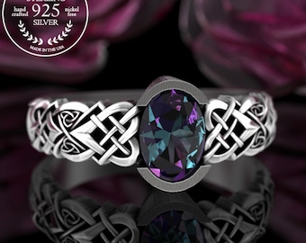 Alexandrite Engagement Ring, Sterling Celtic Bridal Ring, Alexandrite Celtic Wedding Ring, Alexandrite Solitaire Ring, Oval Irish Ring, 3017