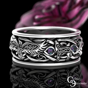 Alexandrite Raven & Wolves Wedding Ring, Mens Alexandrite Wedding Ring, Sterling Viking Ring, Viking Raven Ring, Raven Wedding Ring, 4697