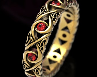 Celtic Gold Wedding Ring With Rubies, Infinity Knot Wedding Ring, Infinity Knot Ring With Ruby, Celtic Wedding Ring, Gold Platinum 1409