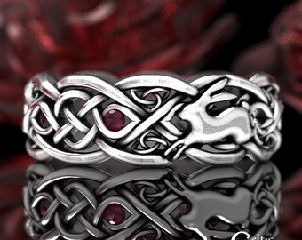 Ruby Rabbit Ring, Sterling Rabbit Ring, Rabbit Wedding Band, Celtic Rabbit Ring, Hare Ring, Silver Rabbit Wedding Ring, Ruby Bunny Ring 4682