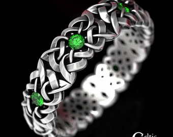 Emerald Wedding Band, Sterling Silver Celtic Wedding Band, Emerald Wedding Ring, Silver Celtic Ring, Celtic Emerald Ring, 1510