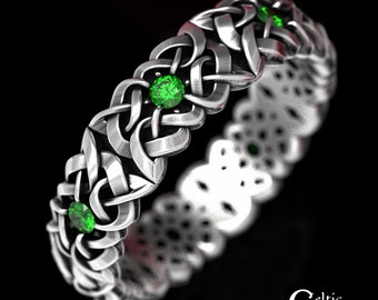Emerald Wedding Band, Sterling Silver Celtic Wedding Band, Emerald Wedding Ring, Silver Celtic Ring, Celtic Emerald Ring, 1510