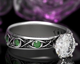 Celtic Moissanite Solitaire with Emerald Accents, Celtic Engagement Ring, Diamond Silver Wedding Ring, Celtic Knotwork Wedding Ring, 1429