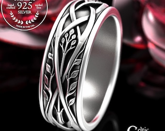 Sterling Groom's Tree of Life Wedding Band, Men's Elven Wedding Ring, Silver Celtic Forest Jewelry, Irish Leaves & Botanical Ring, 2131