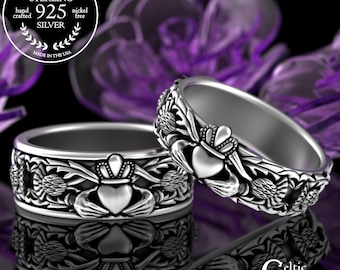 Bride & Groom Scottish Claddagh Wedding Set, Sterling Celtic Thistle Matching Marriage Rings, 925 Silver Irish Hand Fasting Bands, 3243 3281