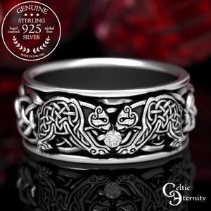 Twin Bears Celtic Wedding Ring in Sterling Silver, Celtic Bear Ring, Bear Wedding Band, Moissanite Mens Ring, Black Bear Ring, 1691