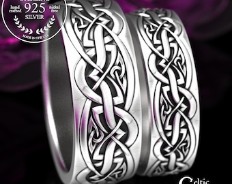 Matching Sterling Irish Heart Wedding Band Set, Silver Bride & Groom Celtic Knotwork Rings, Scotland Silver Anniversary, 2168 2170
