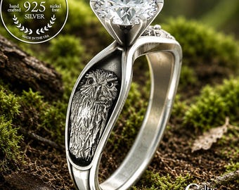 1 Carat Owl Solitaire Engagement Ring, Sterling & Moissanite Barn Owl Wedding Ring, Womens Great Horned Owl Ring, Bird Diamond Ring, 3166