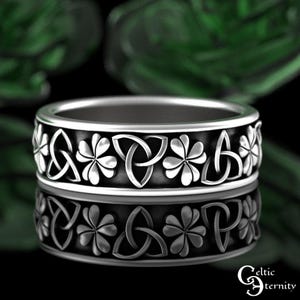 Anillo de la Trinidad Irlandesa y trébol de 4 hojas, alianza de boda celta de plata de ley con trébol, alianza de boda de plata con trébol, anillo botánico de la suerte irlandesa 3168