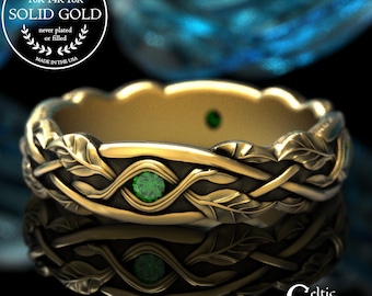 14K Gold & Emerald Woman's Nature Twig Wedding Band, 18K White Gold Celtic Tree Forest Ring, Platinum Bridal Botanical Marriage Ring, 2052