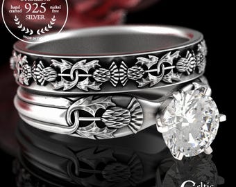 Sterling Thistle Engagement Ring Set, Moissanite Solitaire Ring, Scottish Matching Engagement, Silver Irish Bridal Wedding Rings, 1894 1771