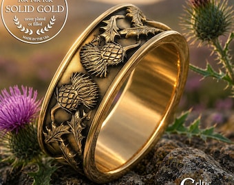 Men's Gold Scottish Heritage Ring, 18K Gold Thistle Wedding Band, Platinum Celtic Groom Ring, White Gold Irish Man Anniversary, 2127