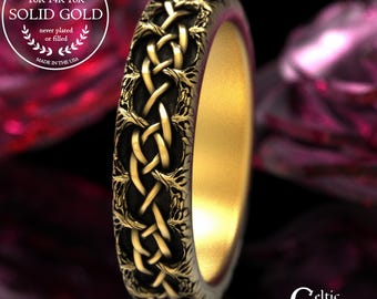 18K Irish Tree Lovers Ring, Ladies 10K Welsh Forest Ring, Gold Woven Trees Wedding Band, 14K White Gold Tree Roots, Platinum Botanical, 2044
